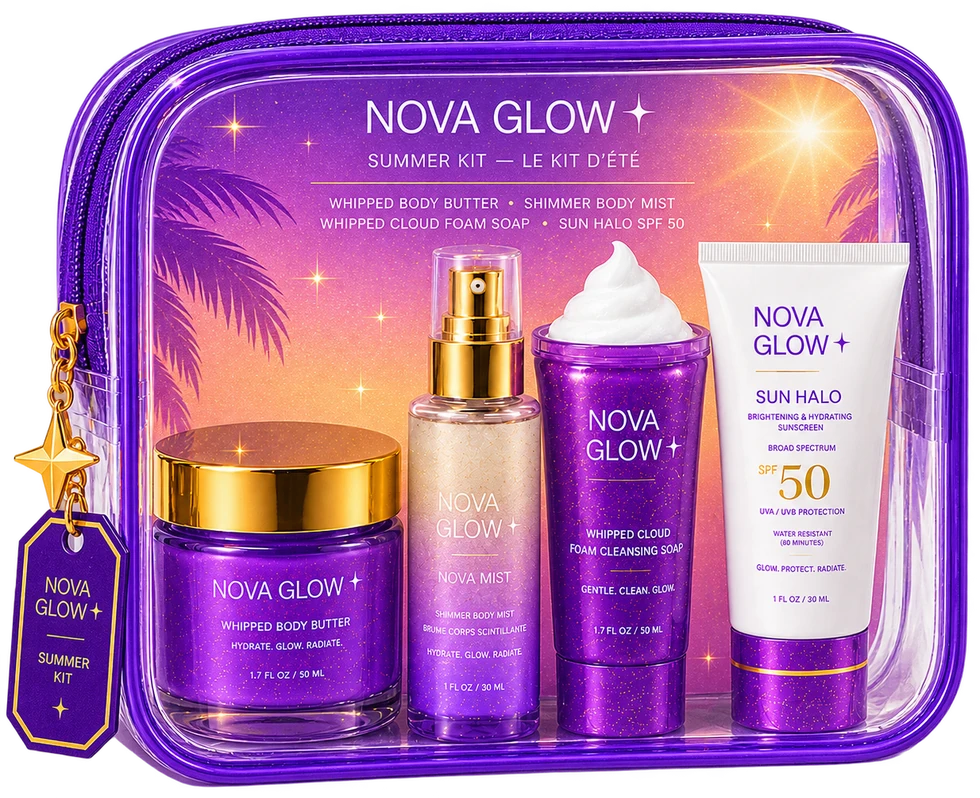Le Kit d'Été NOVA GLOW — trousse transparente à bords violets contenant les 4 minis, carte golden hour à l'intérieur