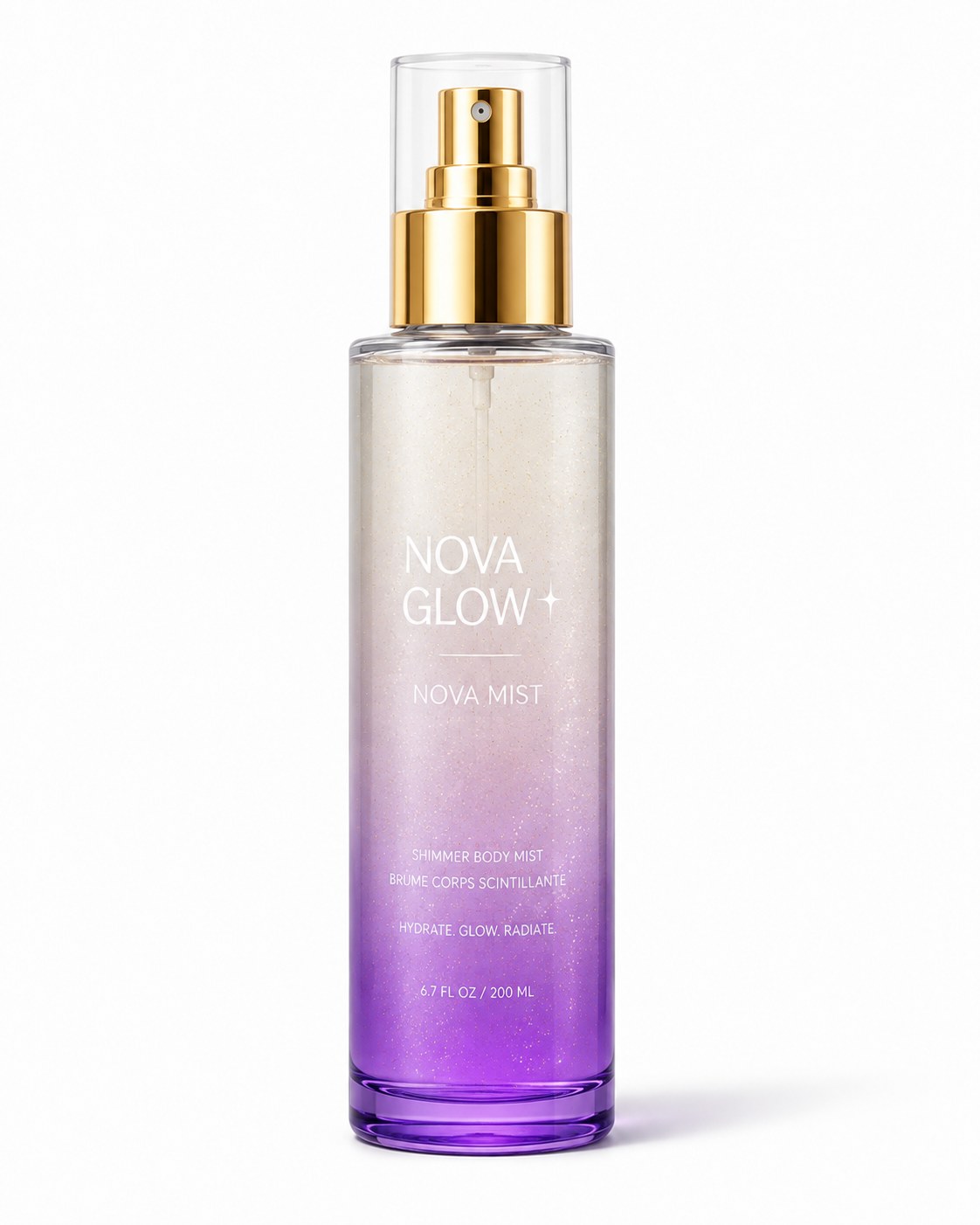 Nova Mist — brume corps scintillante, flacon dégradé transparent à violet, pompe dorée