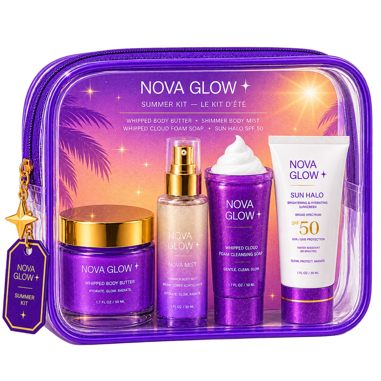 La Pochette Nova — trousse transparente à bords violets contenant la brume, le body butter, le savon et la crème solaire