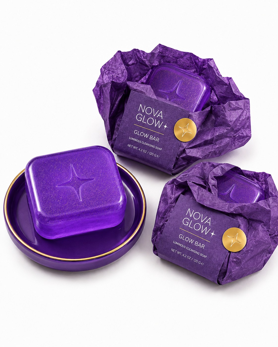 Glow Bar — savon violet translucide pailleté avec étoile embossée