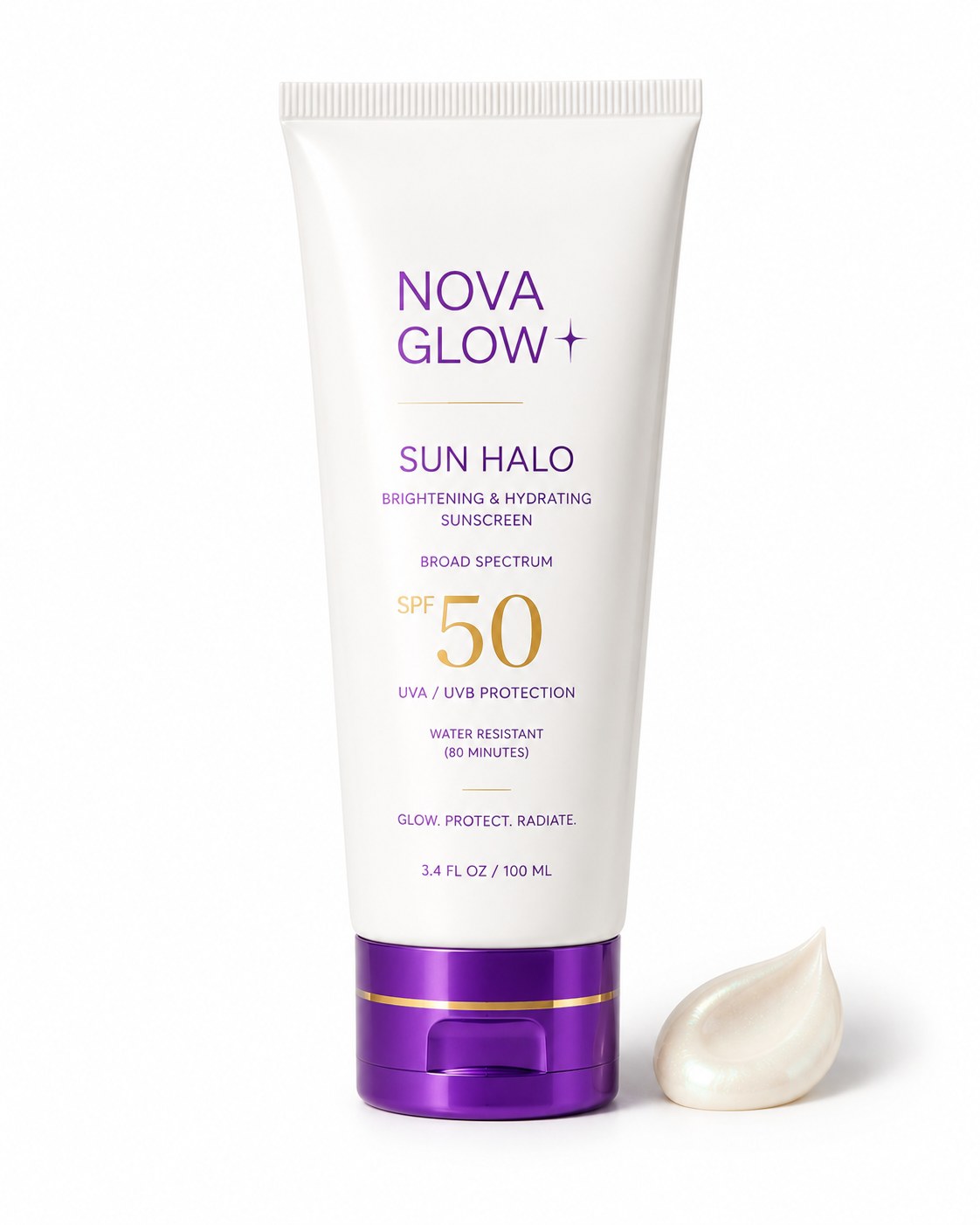 Sun Halo SPF 50 — tube blanc à bouchon violet et liseré doré avec noisette de crème nacrée