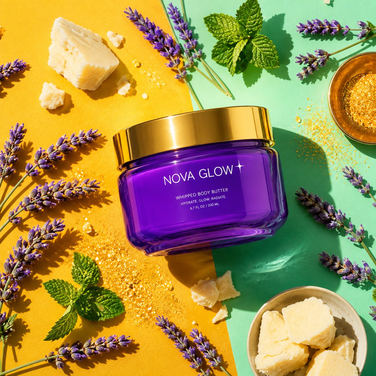 Flatlay du pot Cloud Butter™ entouré de lavande, menthe fraîche, beurre de karité et nacres dorées