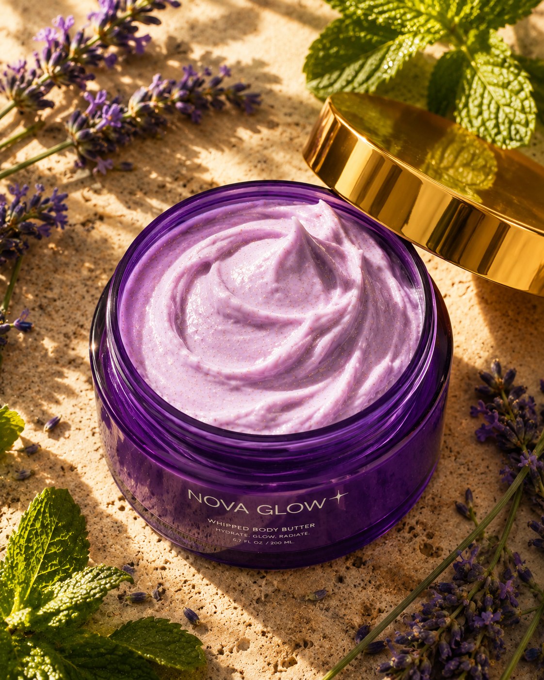 Pot Cloud Butter™ ouvert sur pierre travertin avec lavande fraîche et menthe, lumière dorée naturelle