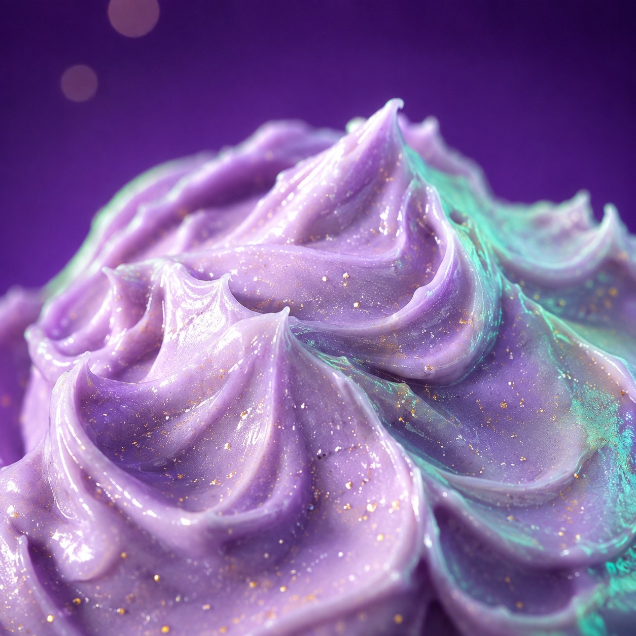 Macro de la texture Cloud Butter™ — body butter fouetté lavande avec micro-nacres dorées